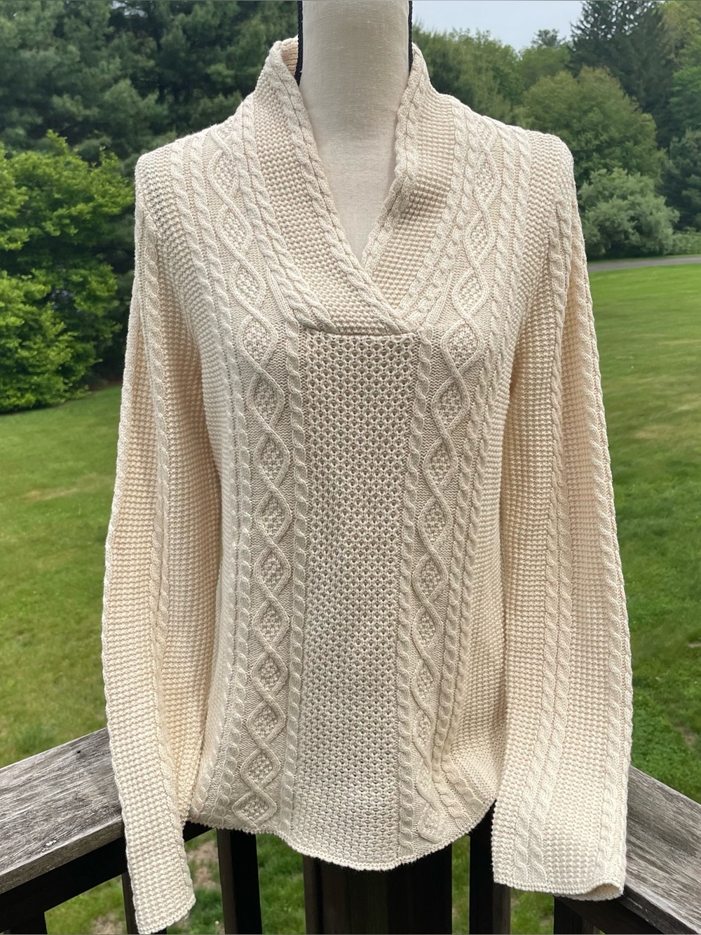 Jeanne Pierre sweater fisherman cable knit shawl collar coastal cotton ivory vtg